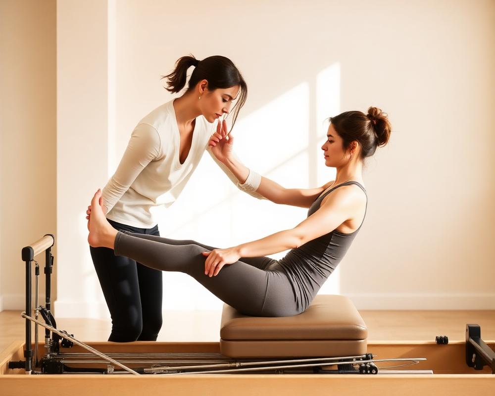 Instructor ghidând un client pe reformer
